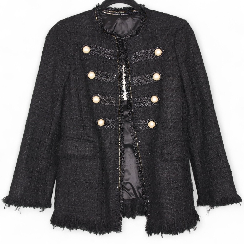 Zara Woman Sz XS Black Tweed Military Pearl Button Open Front Blazer Jacket NWT